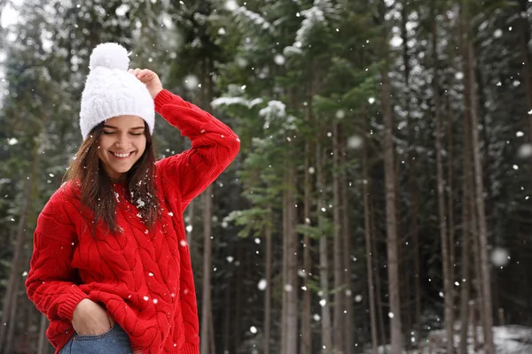 Jeune Femme Pull Chaud Extérieur Jour Neigeux Espace Pour Texte — Photo