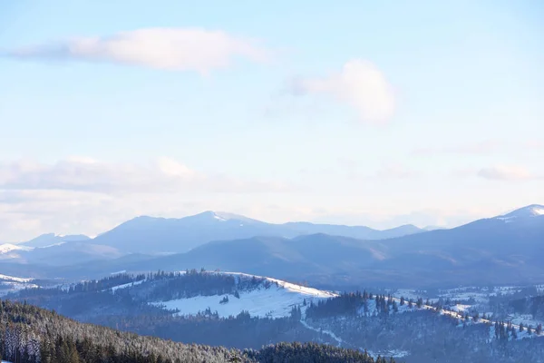 冬の晴れた日に森林と美しい山の風景 — ストック写真