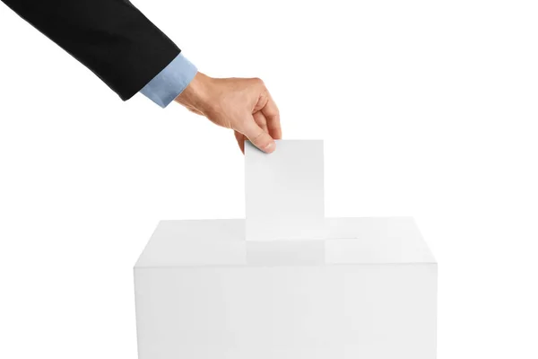 Uomo Che Mette Suo Voto Nelle Urne Sfondo Bianco Primo — Foto Stock