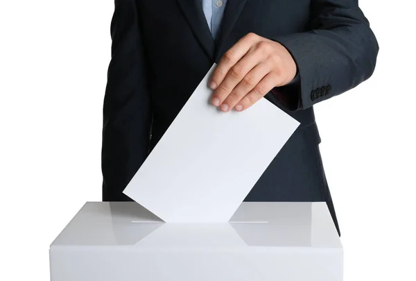 Mann Legt Seine Stimme Wahlurne Auf Weißem Hintergrund Nahaufnahme — Stockfoto