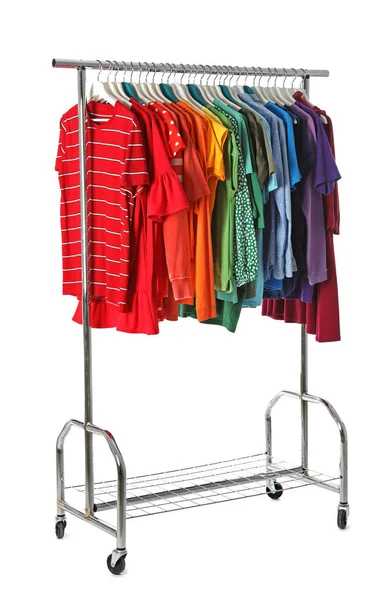 Wardrobe Rack Different Colorful Clothes White Background — Stock Photo, Image