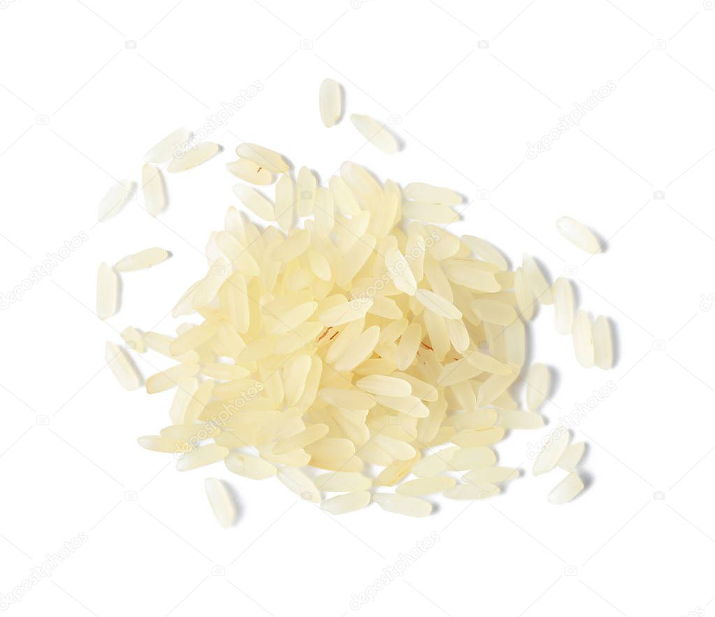 Uncooked parboiled rice on white background, top view