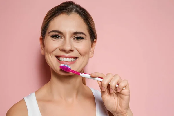 Portrait Woman Toothbrush Color Background Space Text — Stock Photo, Image