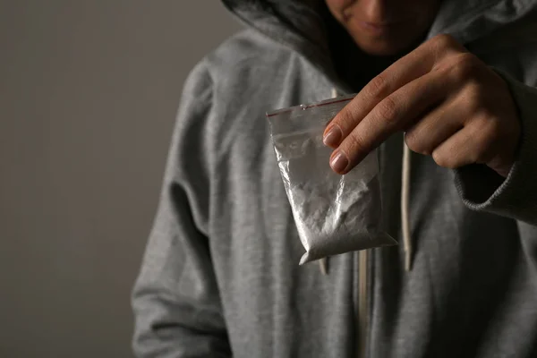 Drug Dealer Holding Bag Cocaine Dark Background Closeup Space Text — Stock Photo, Image