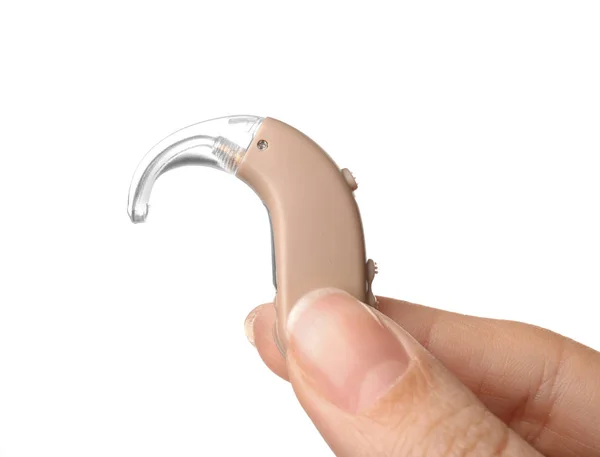 Woman Holding Hearing Aid White Background Closeup — Stock Photo, Image