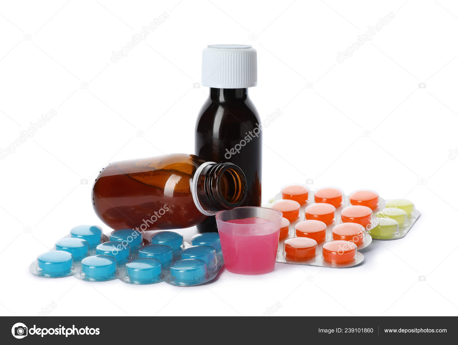 Cough Syrup Different Pills White Background Stock Photo by ©NewAfrica