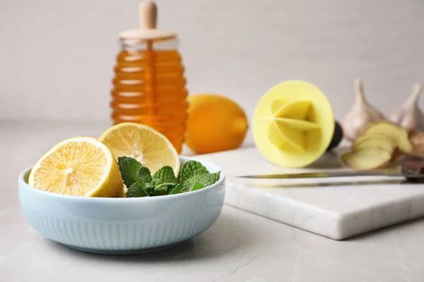 Composición Con Remedios Naturales Para Tos Mesa Espacio Para Texto — Foto de Stock