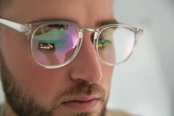 Young Man Wearing Glasses Blurred Background Closeup Ophthalmology Service — Stock Photo, Image