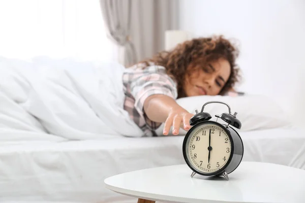 Young African American Woman Stretching Home Bedtime — Stock Photo, Image