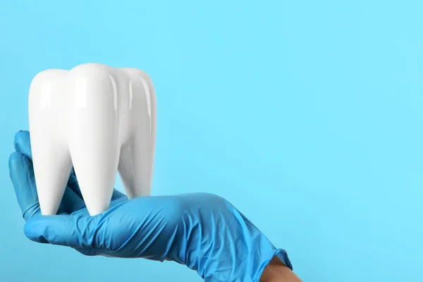 Zahnarzt Mit Keramikmodell Des Zahnes Auf Farbigem Hintergrund Platz Für — Stockfoto