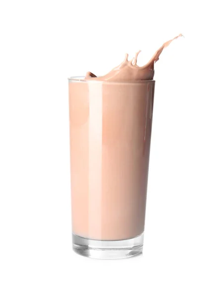 Vidro Com Leite Chocolate Espirrando Fundo Branco Bebida Láctea — Fotografia de Stock