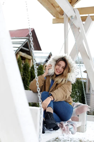 Young Woman Warm Clothes Resting Outdoor Swing Winter Vacation — Stock Photo, Image