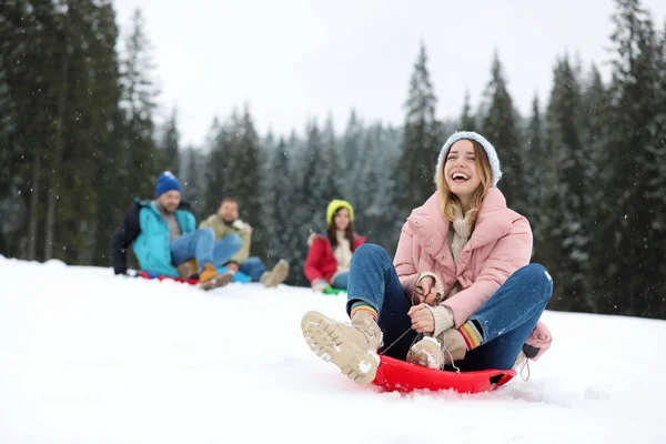 Groupe Amis Marchant Près Forêt Enneigée Vacances Hiver — Photo