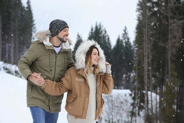 Young Woman Conifer Forest Snowy Day Winter Vacation — Stock Photo, Image