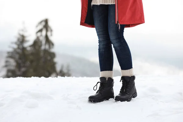 Woman Walking Outdoors Snowy Day Closeup Space Text Winter Vacation — Stockfoto