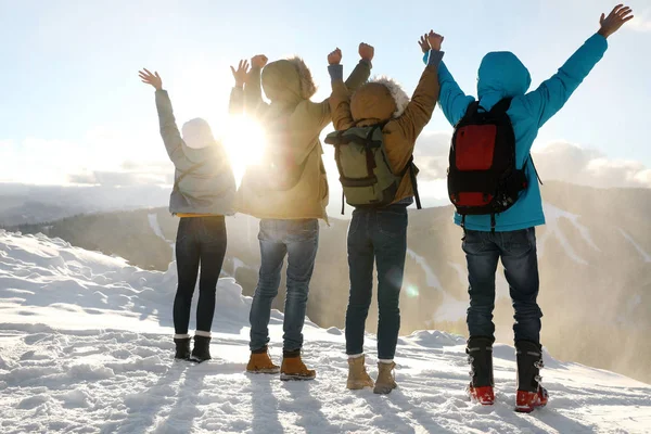 Gruppo Amici Che Camminano Vicino Alla Foresta Innevata Vacanze Invernali — Foto Stock