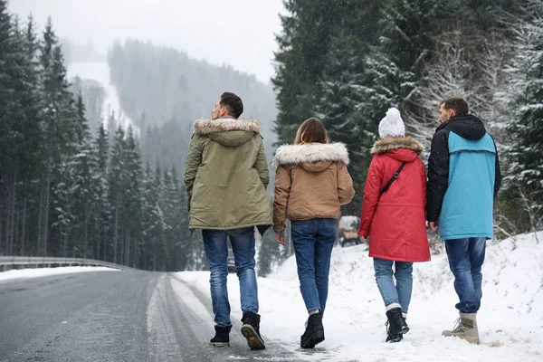 Ομάδα Φίλων Περπάτημα Κοντά Στο Χιονισμένο Δάσος Χειμερινές Διακοπές — Φωτογραφία Αρχείου