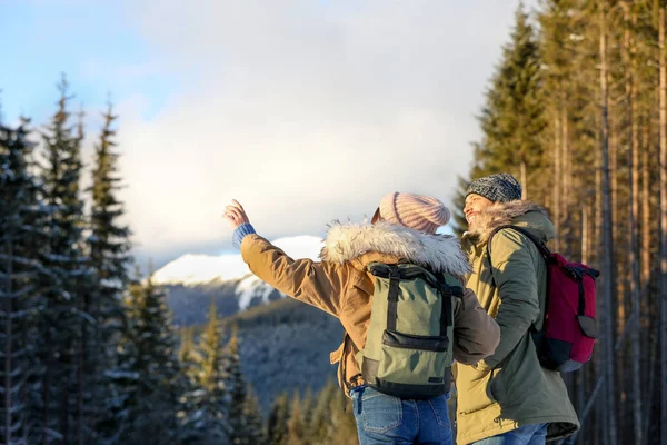 Pareja Con Mochilas Disfrutando Vistas Montaña Durante Las Vacaciones Invierno —  Fotos de Stock