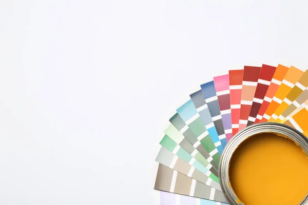 Yellow Paint Can Color Palette White Background Top View Space — Stock Photo, Image