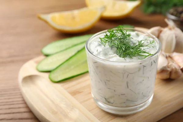 Cucumber Sauce Ingredients Wooden Background Space Text Traditional Tzatziki — Stock Photo, Image