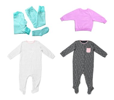 Set of cute child clothes on white background, top view. Baby accessories