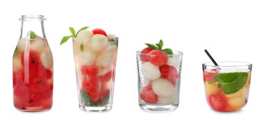 Beyaz arka plan üzerinde kavun ve karpuz topları ile kokteyller kümesi