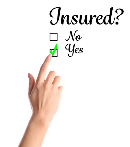 Young Woman Choosing Positive Answer Question Whether Insured White Background — Stock Photo, Image