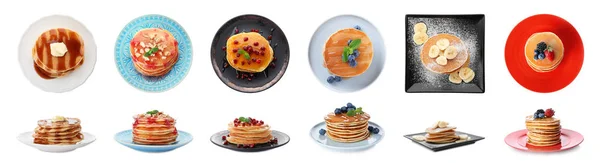 Set Plates Delicious Pancakes Different Toppings White Background — Zdjęcie stockowe