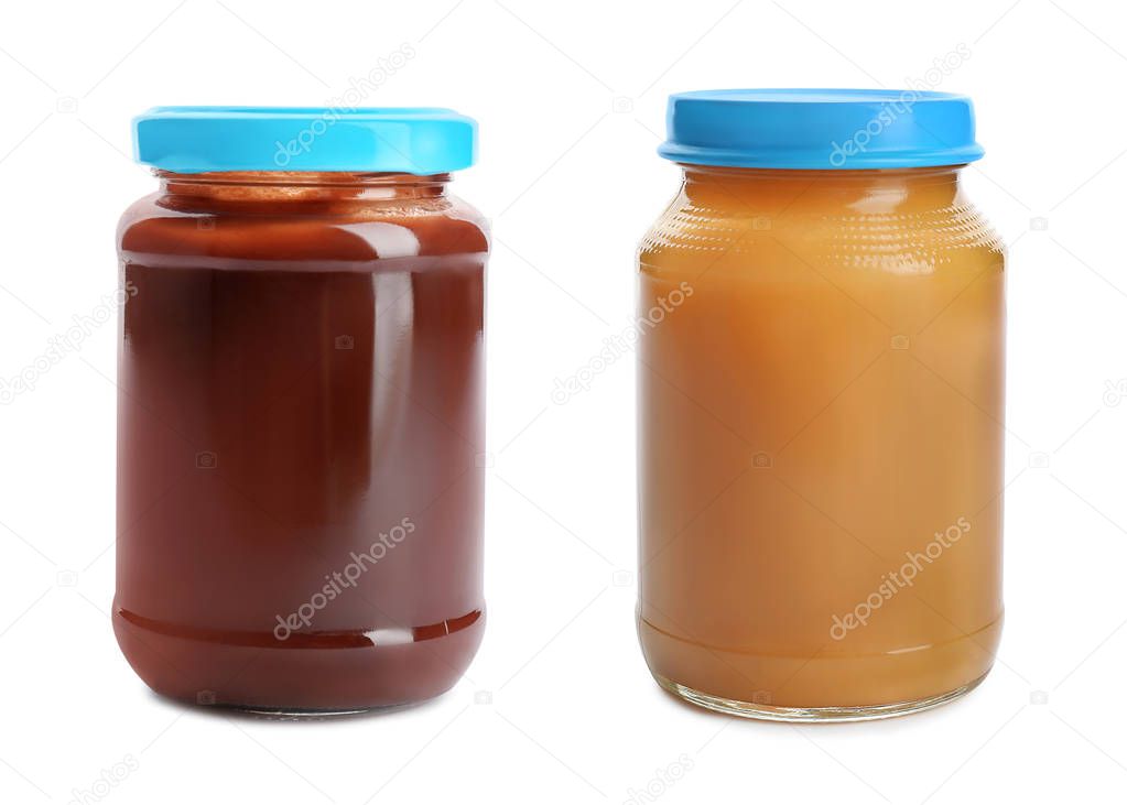 Set of jars with healthy food for infant on white background