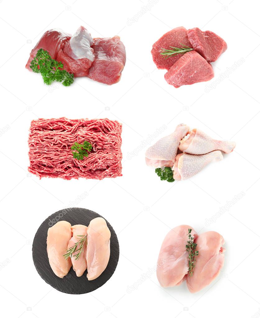  Set of various fresh raw meat on white background