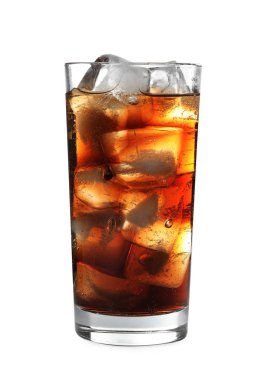 Glass of refreshing cola with ice on white background
