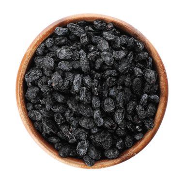 Bowl with dried dark raisins isolated on white, top view. Healthy nutrition with fruits