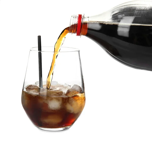 Pouring Refreshing Cola Glass Ice Cubes White Background — Stock Photo, Image