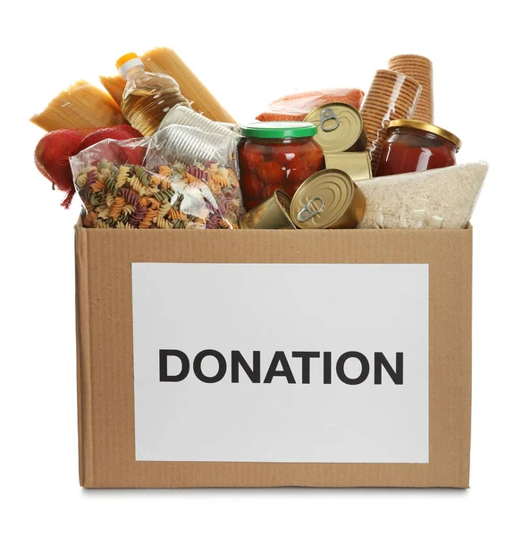 Caja Donación Llena Diferentes Productos Sobre Fondo Blanco —  Fotos de Stock