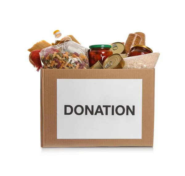 Donation Box Full Different Products White Background — Stock Photo, Image