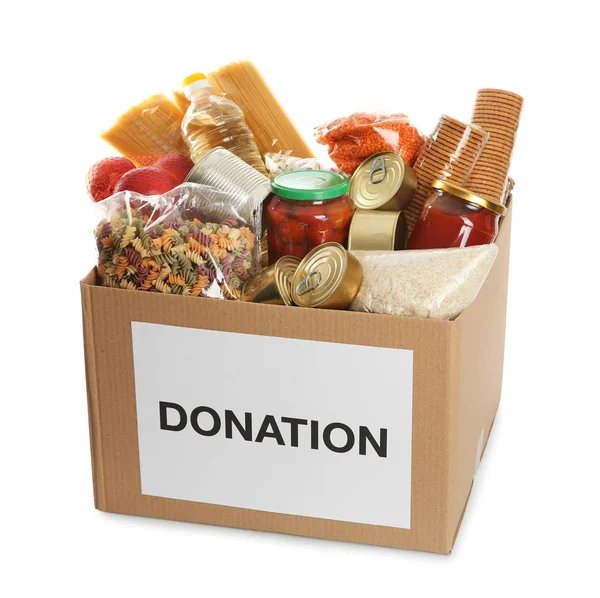 Donation Box Full Different Products White Background — Stock Photo, Image