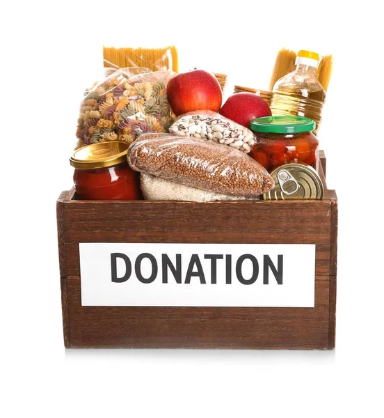 Spendenbox Voller Unterschiedlicher Produkte Auf Weißem Hintergrund — Stockfoto