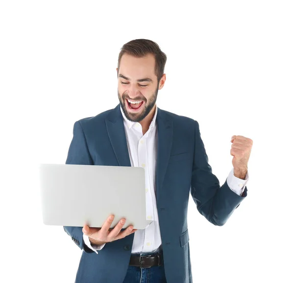 Empresário Emocional Desgaste Escritório Com Laptop Celebrando Vitória Fundo Branco — Fotografia de Stock