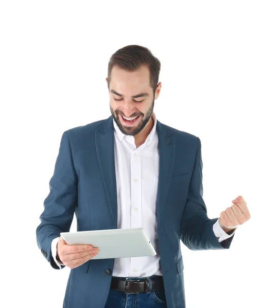 Empresário Emocional Desgaste Escritório Com Tablet Celebrando Vitória Fundo Branco — Fotografia de Stock