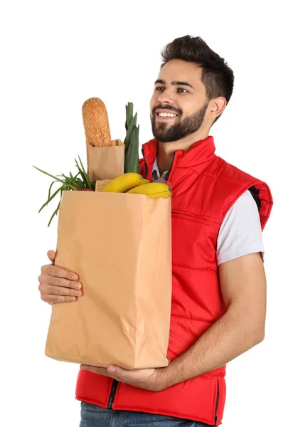 Mann Hält Korb Mit Frischen Produkten Auf Weißem Hintergrund Essenslieferdienst — Stockfoto