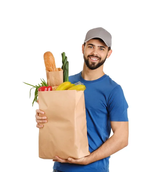 Mann Hält Papiertüte Mit Frischen Produkten Auf Weißem Hintergrund Essenslieferdienst — Stockfoto