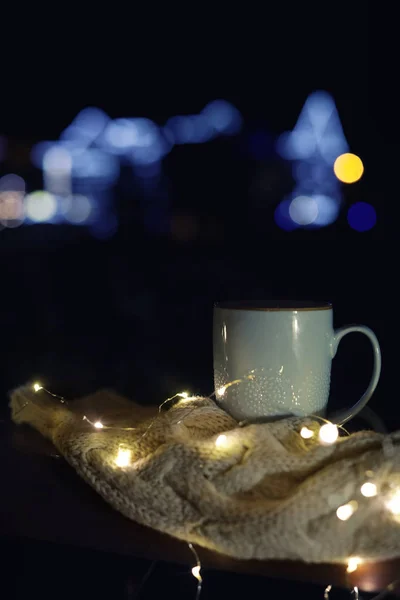 Cup Hot Beverage Sweater Christmas Lights Outdoors Winter Night — Stock Photo, Image