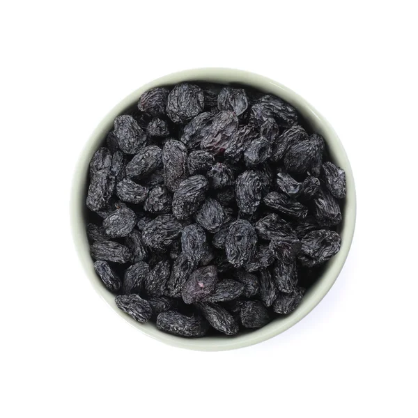 Bowl Dried Dark Raisins Isolated White Top View Healthy Nutrition — Stock Fotó