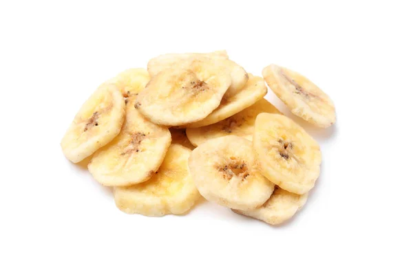 Σωρός Από Γλυκιά Μπανάνα Φέτες Άσπρο Φόντο Ξηρών Καρπών Υγιεινών — Φωτογραφία Αρχείου