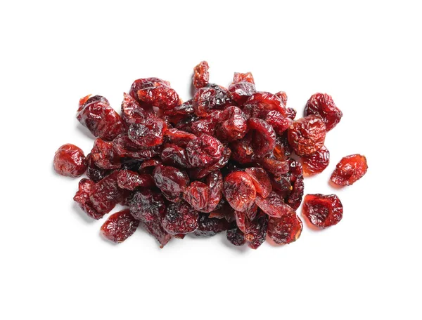 在白色背景上的红莓堆 顶视图 干果作为健康小吃 — 图库照片