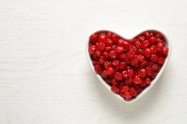 Heart Shaped Bowl Sweet Cherries Wooden Background Top View Space — Stock Photo, Image