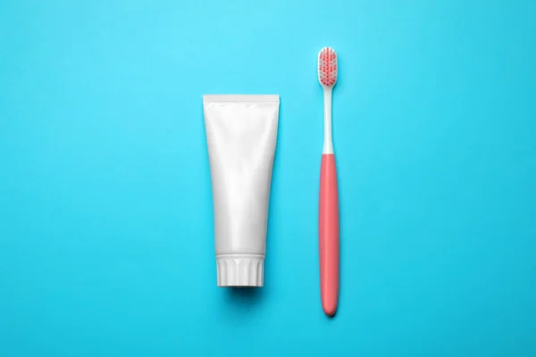 Blank Tube Toothpaste Brush Color Background Top View — Stock Photo, Image