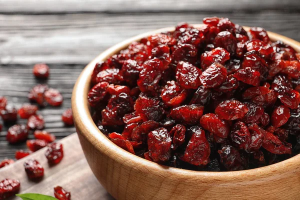 Bowl Cranberries Wooden Table Closeup Dried Fruit Healthy Snack — Stock Fotó