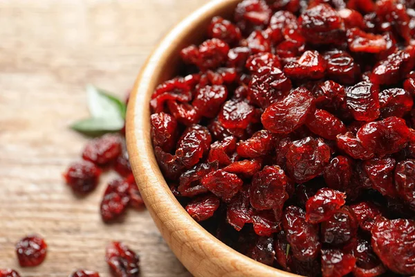 Bowl Cranberries Wooden Table Closeup Dried Fruit Healthy Snack — 스톡 사진