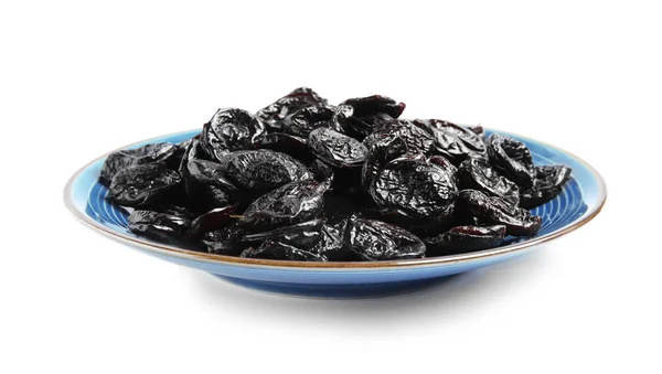 Plate Tasty Prunes White Background Dried Fruit Healthy Snack — Φωτογραφία Αρχείου